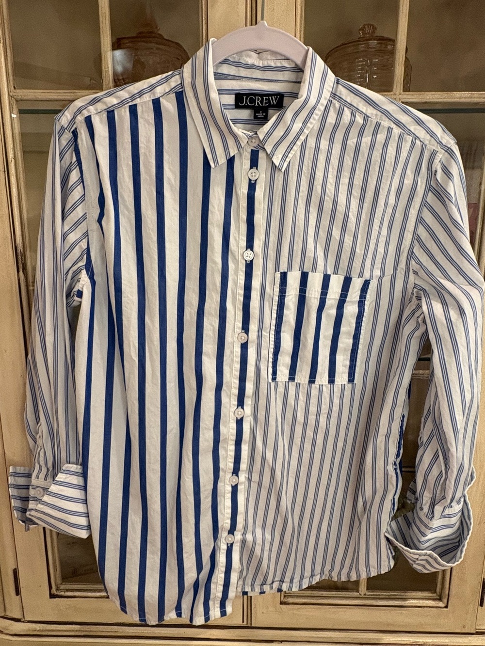 J. Crew 100% Cotton White & Blue Striped Button Down Shirt with French Cuffs